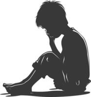 Silhouette sad little boy sitting alone depressed sitting black color only vector