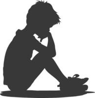 Silhouette sad little boy sitting alone depressed sitting black color only vector