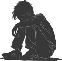 Silhouette sad little boy sitting alone depressed sitting black color only vector