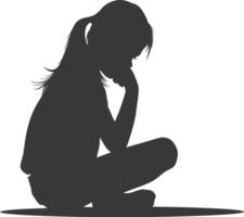 Silhouette sad little girl sitting alone depressed sitting black color only vector