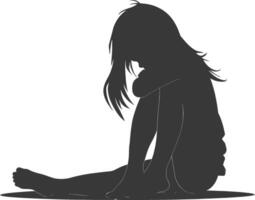 Silhouette sad little girl sitting alone depressed sitting black color only vector