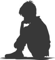 Silhouette sad little boy sitting alone depressed sitting black color only vector