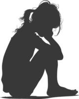 Silhouette sad little girl sitting alone depressed sitting black color only vector