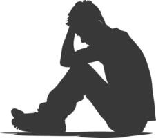 Silhouette sad man sitting alone depressed sitting black color only vector