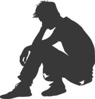 Silhouette sad man sitting alone depressed sitting black color only vector