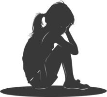 Silhouette sad little girl sitting alone depressed sitting black color only vector