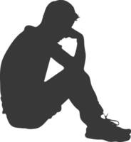 Silhouette sad man sitting alone depressed sitting black color only vector