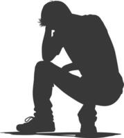 Silhouette sad man sitting alone depressed sitting black color only vector