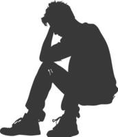 Silhouette sad man sitting alone depressed sitting black color only vector