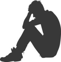 Silhouette sad man sitting alone depressed sitting black color only vector