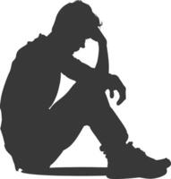 Silhouette sad man sitting alone depressed sitting black color only vector