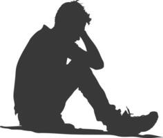 Silhouette sad man sitting alone depressed sitting black color only vector