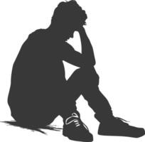 Silhouette sad man sitting alone depressed sitting black color only vector