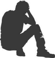 Silhouette sad man sitting alone depressed sitting black color only vector