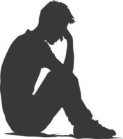 Silhouette sad man sitting alone depressed sitting black color only vector