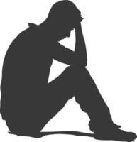 Silhouette sad man sitting alone depressed sitting black color only vector