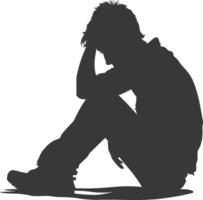 Silhouette sad man sitting alone depressed sitting black color only vector