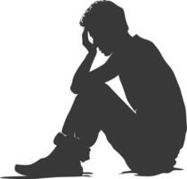 Silhouette sad man sitting alone depressed sitting black color only vector