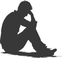 Silhouette sad man sitting alone depressed sitting black color only vector