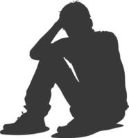 Silhouette sad man sitting alone depressed sitting black color only vector