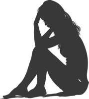 Silhouette sad woman sitting alone depressed sitting black color only vector