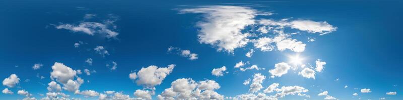 Blue sky panorama with Cirrus clouds. Seamless hdr 360 degree pano in spherical equirectangular format. Sky dome or zenith for 3D visualization, game and sky replacement for aerial drone 360 panoramas photo
