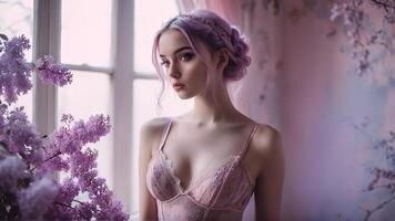 Model in pastel goth lingerie soft lilacs and pinks gothic elements in light setting unique photo