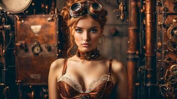 Steampunk inspired model in copper toned lingerie mechanical accessories vintage industrial studio adventurous look photo