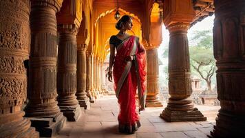 A model in a traditional Indian sari with her long legs in stockings that complement photo