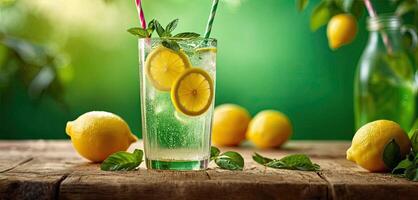 Lemonade with lemons and mint leaves, tall glass of lemonade on rustic wooden table. Served chilled, enhancing freshness, evokes sense of summer refreshment. photo