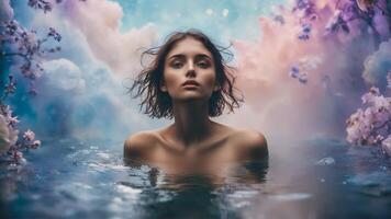 Model in lingerie in surreal dreamscape floating elements and dreamy distortions ethereal and otherworldly photo