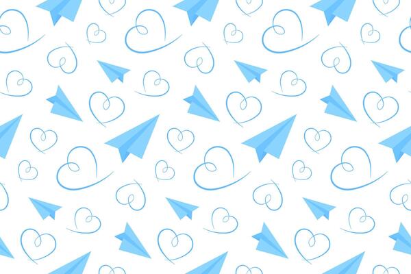 Minimalist Blue Handmade Paper Plane and Heart. Seamless Pattern. Valentines Day Design for Greeting Cards, Wallpaper, Fabric, and Wrapping Paper