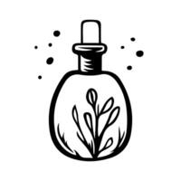 pequeño botella de esencial petróleo con planta, editable aislado objeto en blanco fondo, aromaterapia concepto vector