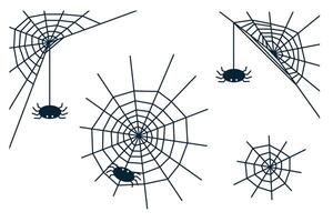 Set of Halloween spiders and webs black isolated illustration on white background. Editable outline icons vector