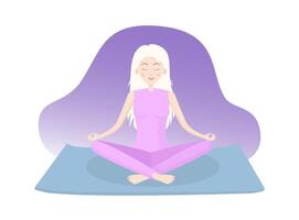 Young slim blond girl meditates alone sitting on a yoga mat in Lotus position with closed eyes isolated flat illustration. European white women practices yoga. Mental healthcare vector