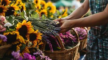 a farmer's market flower stall overflowing with blooms photo