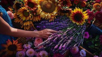 a farmer's market flower stall overflowing with blooms photo