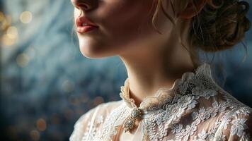 Romantic setting with model in white bridal lingerie ethereal soft lighting dreamy gaze flowing tulle photo