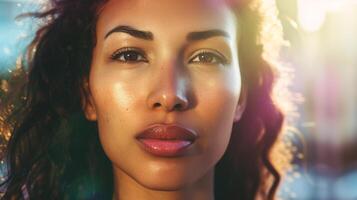 a close-up portrait of diverse woman gazing confidently into the camera, sunlight highlighting her strong facial features photo