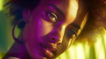 a close-up portrait of diverse woman gazing confidently into the camera, sunlight highlighting her strong facial features photo