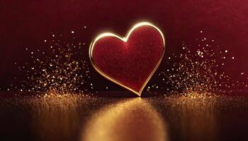 Love, Heart, Celebration. heart on textured surface beneath, soft focus golden lights create bokeh in background. Celebration card or romantic events invitation. Valentine day photo