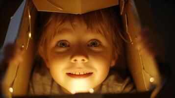 A close-up portrait of a young child with bright eyes and a mischievous grin, lost in a world of imagination photo