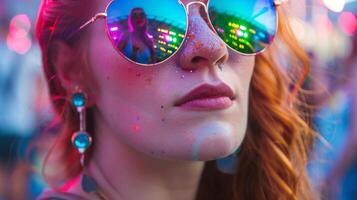 a pair of sunglasses on a party girl reflecting the vibrant colors of a summer festival photo