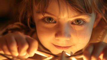 A close-up portrait of a young child with bright eyes and a mischievous grin, lost in a world of imagination photo