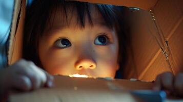 A close-up portrait of a young child with bright eyes and a mischievous grin, lost in a world of imagination photo