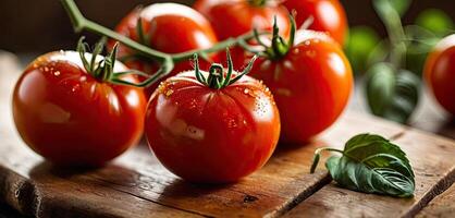 rojo Tomates en rústico de madera mesa, agua gotas sugerir de la granja a la mesa frescura de orgánico Produce foto