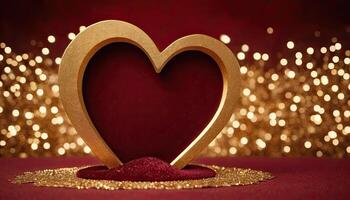 Love, Heart, Celebration. heart on textured surface beneath, soft focus golden lights create bokeh in background. Celebration card or romantic events invitation. Valentine day photo