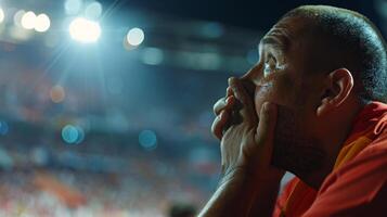 a soccer fan, their face a mask of concentration as they watch the game with rapt attention, hands clasped tightly in front of them photo