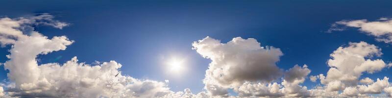 Blue sky panorama with puffy Cumulus clouds. Seamless hdr pano in spherical equirectangular format. Sky dome or zenith for 3D visualization, game and sky replacement for aerial drone 360 panoramas. photo