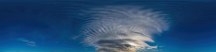 Blue sky with Cirrus clouds Seamless panorama in spherical equirectangular format. Complete zenith for use in 3D graphics, game and for composites in aerial drone 360 degree panoramas as a sky dome photo